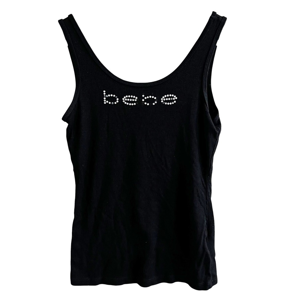 Bebe Womens Black Ribbed Rhinestone Logo Scoop Neck Tank Top Size M Y2K Glam